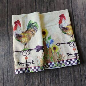 Vintage Rooster Design Hand Towels, Set Of 2, B&D Kitchenworks Chicken Sunflower